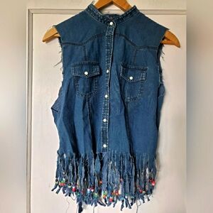 Upcycled Beaded Fringe Denim Top💖💜💚